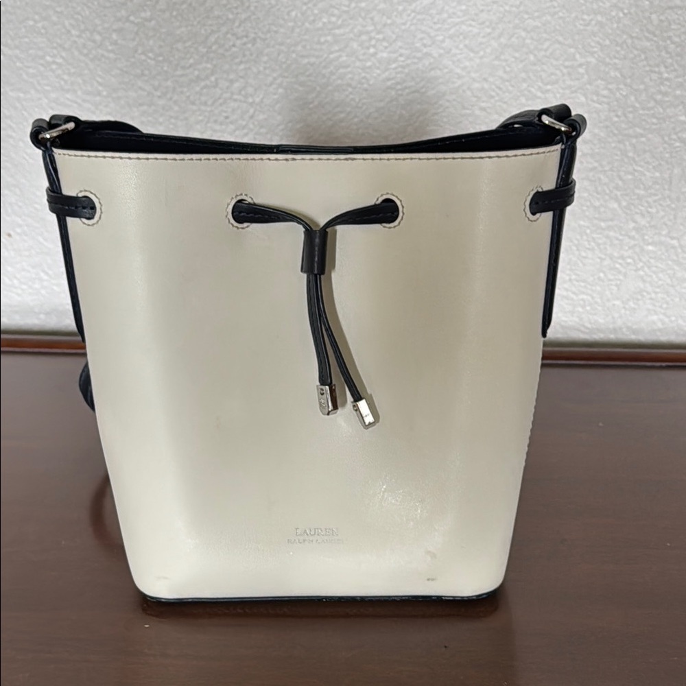 Lauren Ralph Lauren White and Blue Shoulder Bag with Drawstring Closure